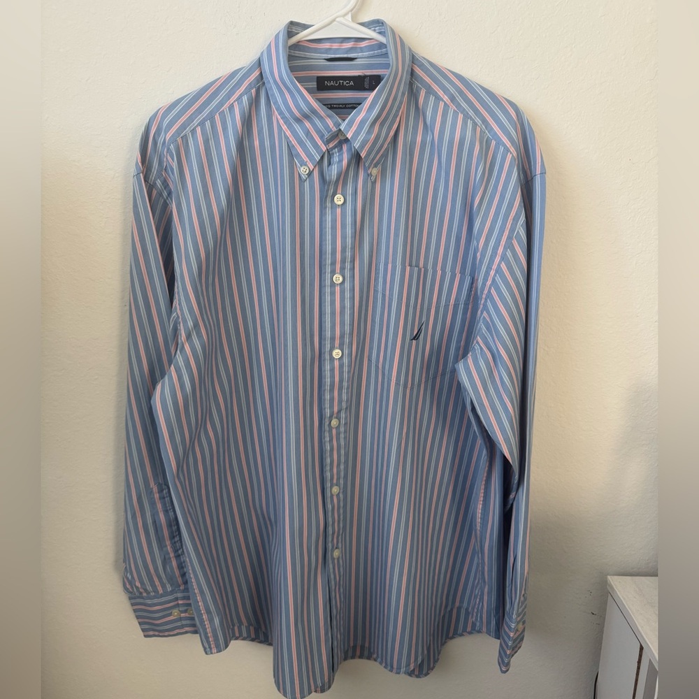 Men Nautica Shirt Large Purple Striped 80's Two Ply Cotton Long Sleeve Button-Up